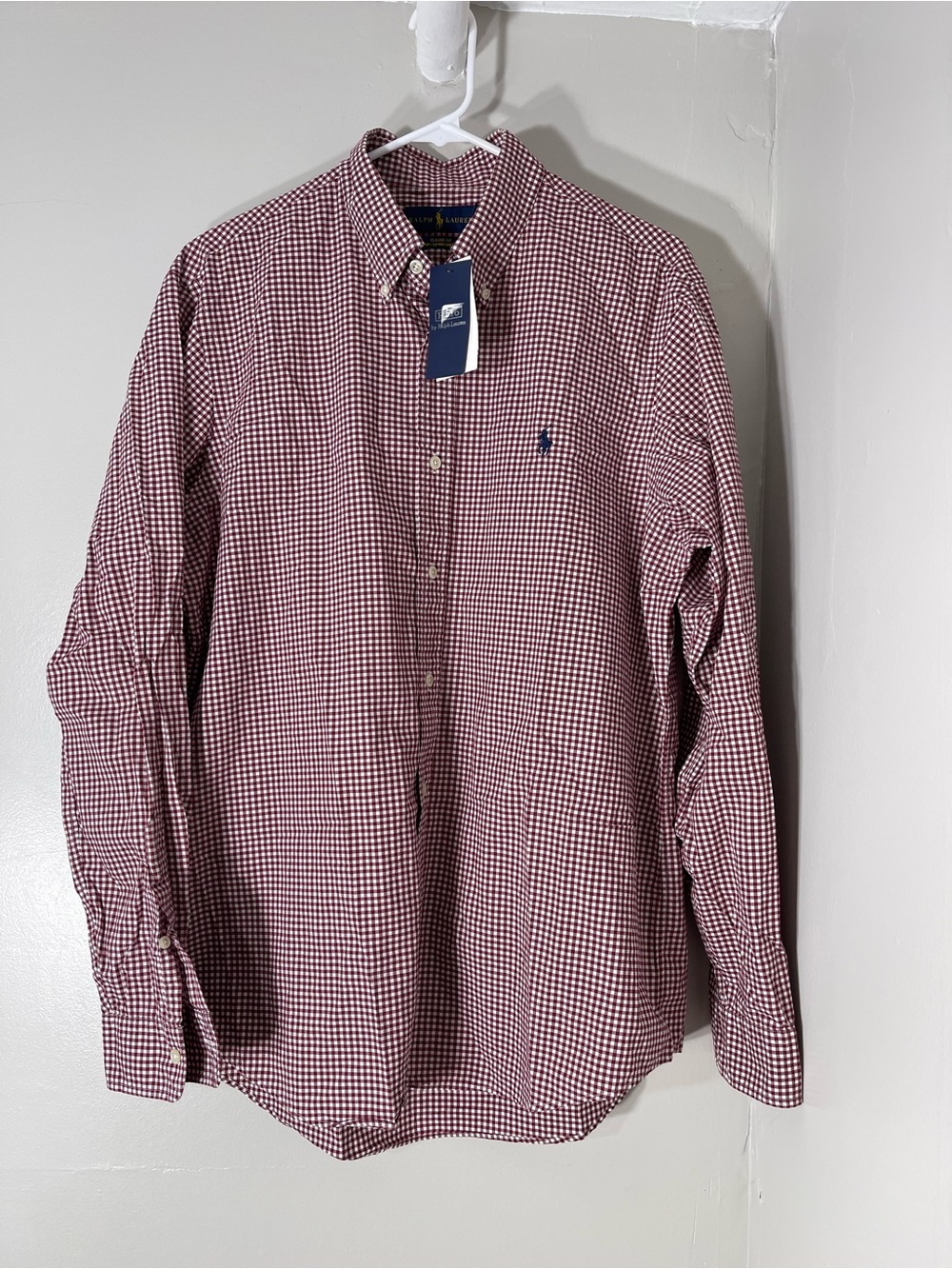 Ralph Lauren Burgundy and White Gingham Button-Down Shirt